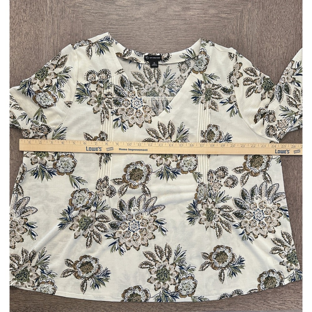 New Directions XL Floral V-Neck Pintuck Blouse Boho Cottagecore Stretch Top - Picture 9 of 10
